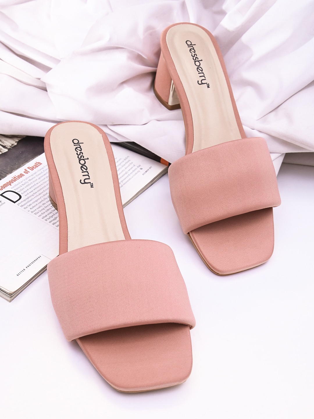 

DressBerry Textured Open Toe Block Heels, Pink