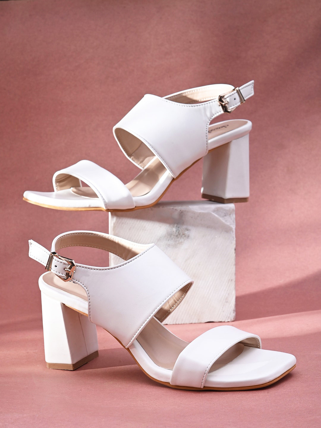 

DressBerry Open Toe Block Heels With Buckles, White