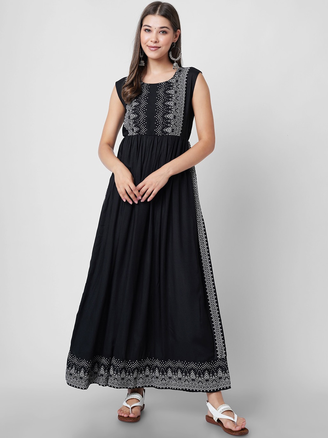 DAEVISH Ethnic Printed High Slit Kurta, Black