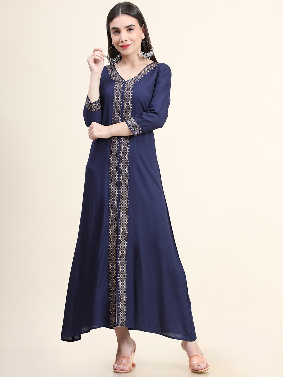 

DAEVISH Ethnic Printed V-Neck A-Line Kurta, Navy blue