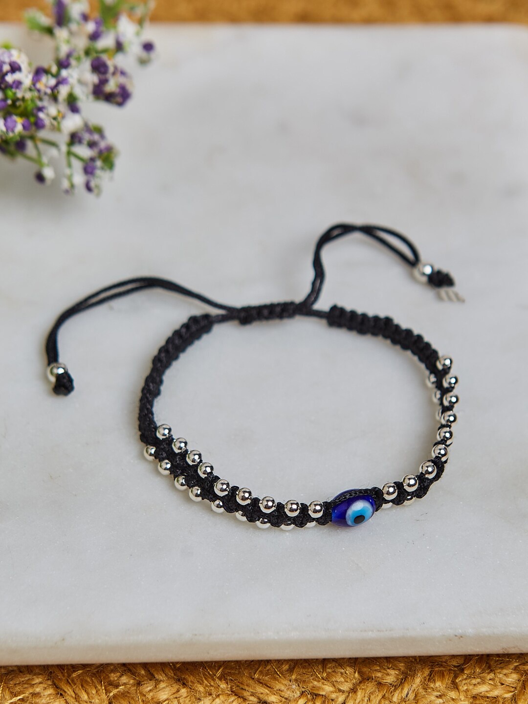 

Fabindia Silver-Plated Beaded Evil Eye Wraparound Bracelet, Black