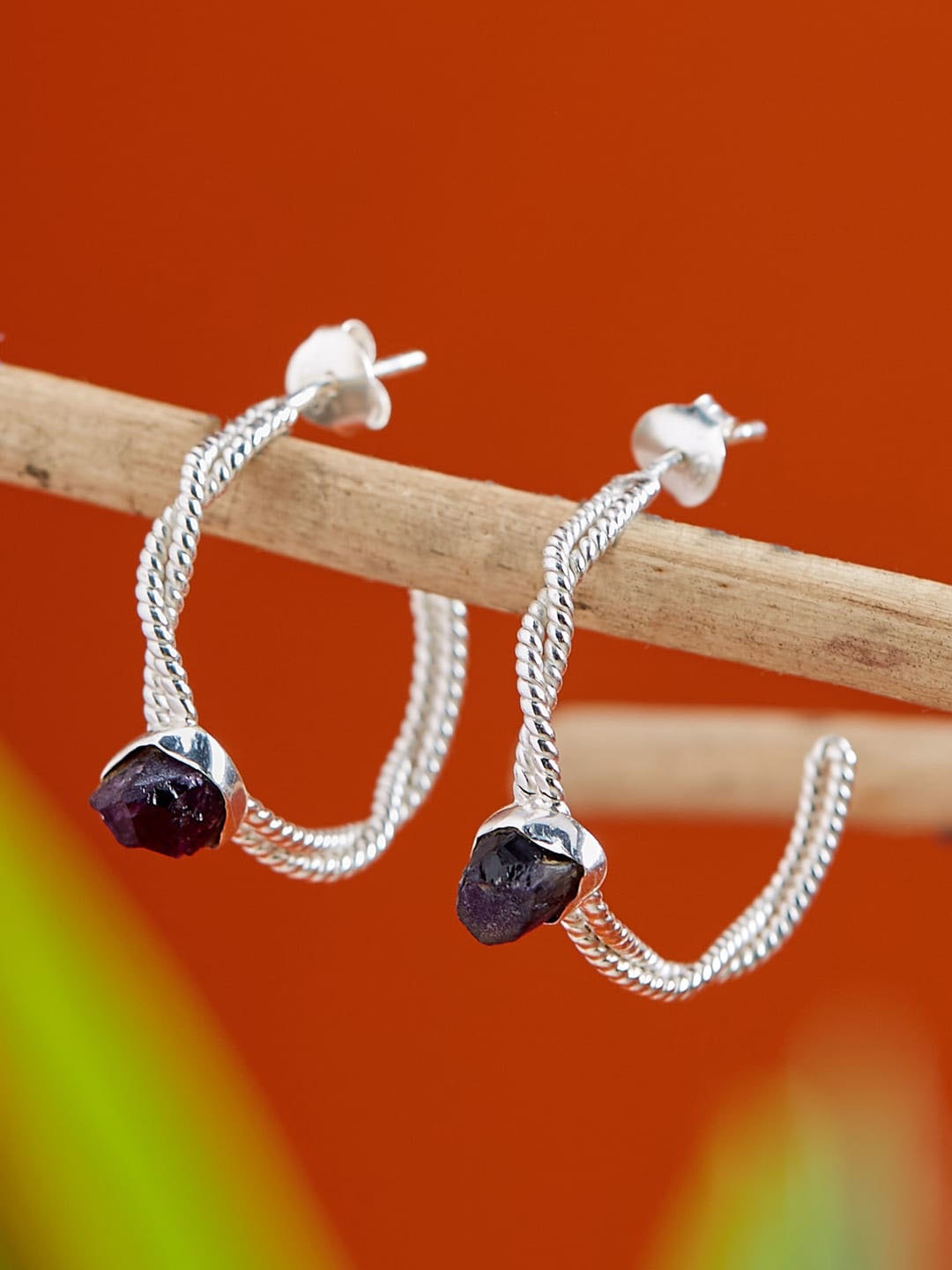 

Fabindia Silver-Plated Studded Contemporary Half Hoop Earrings, Black