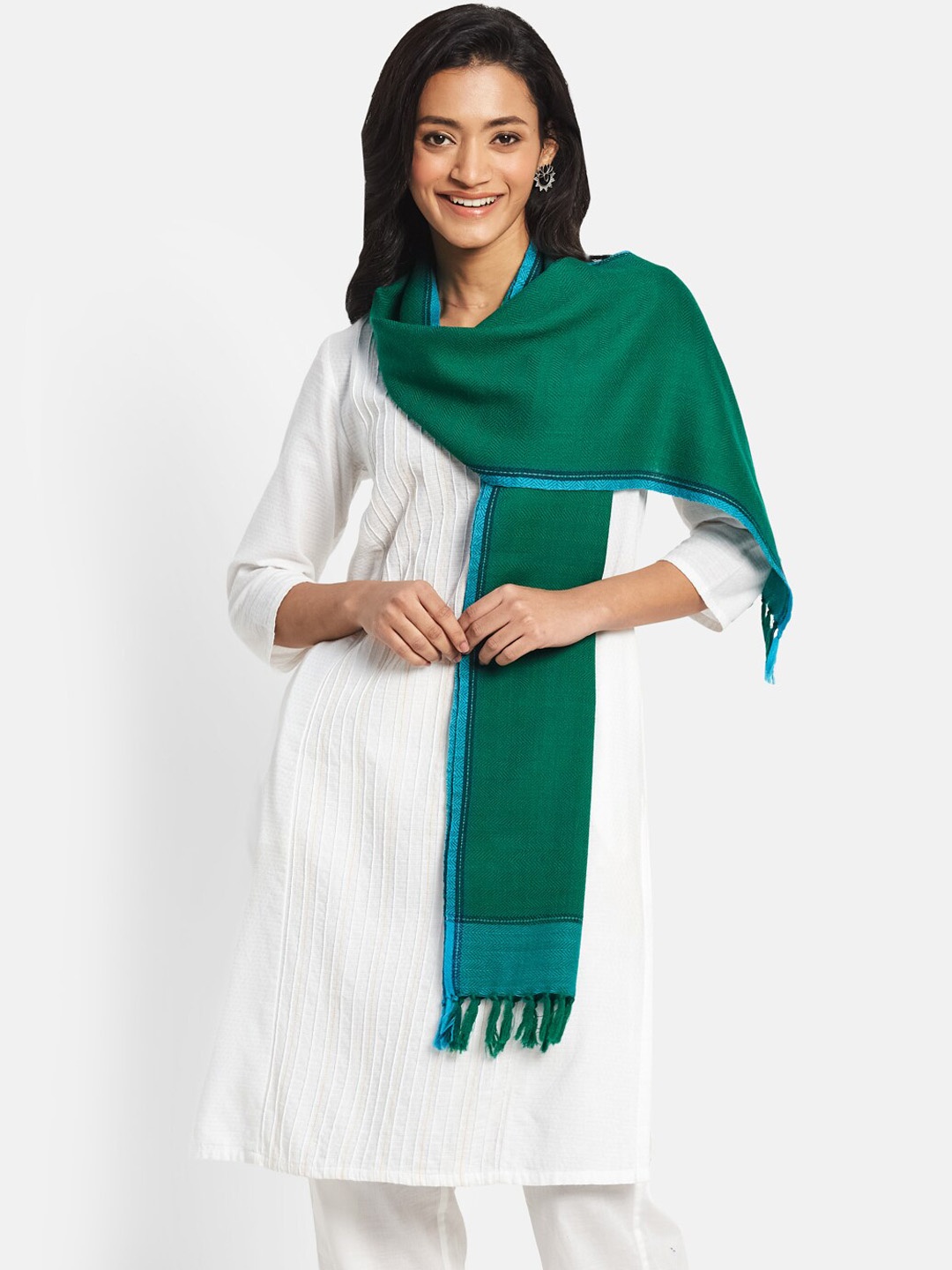 

Fabindia Woven Merino Wool Muffler With Fringed Border, Green