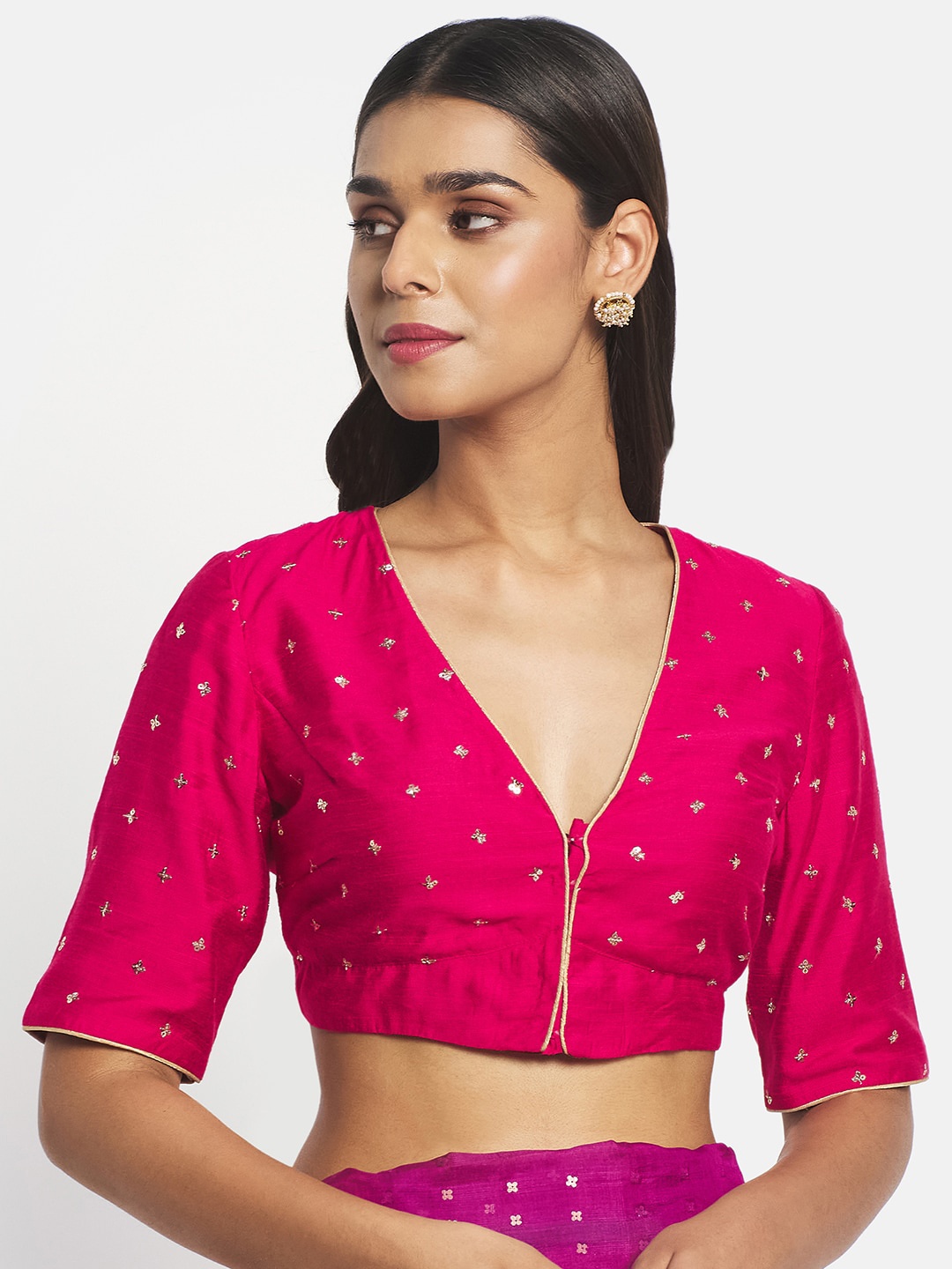 

Fabindia Choti Butti Embroidered V-Neck Saree Blouse, Pink