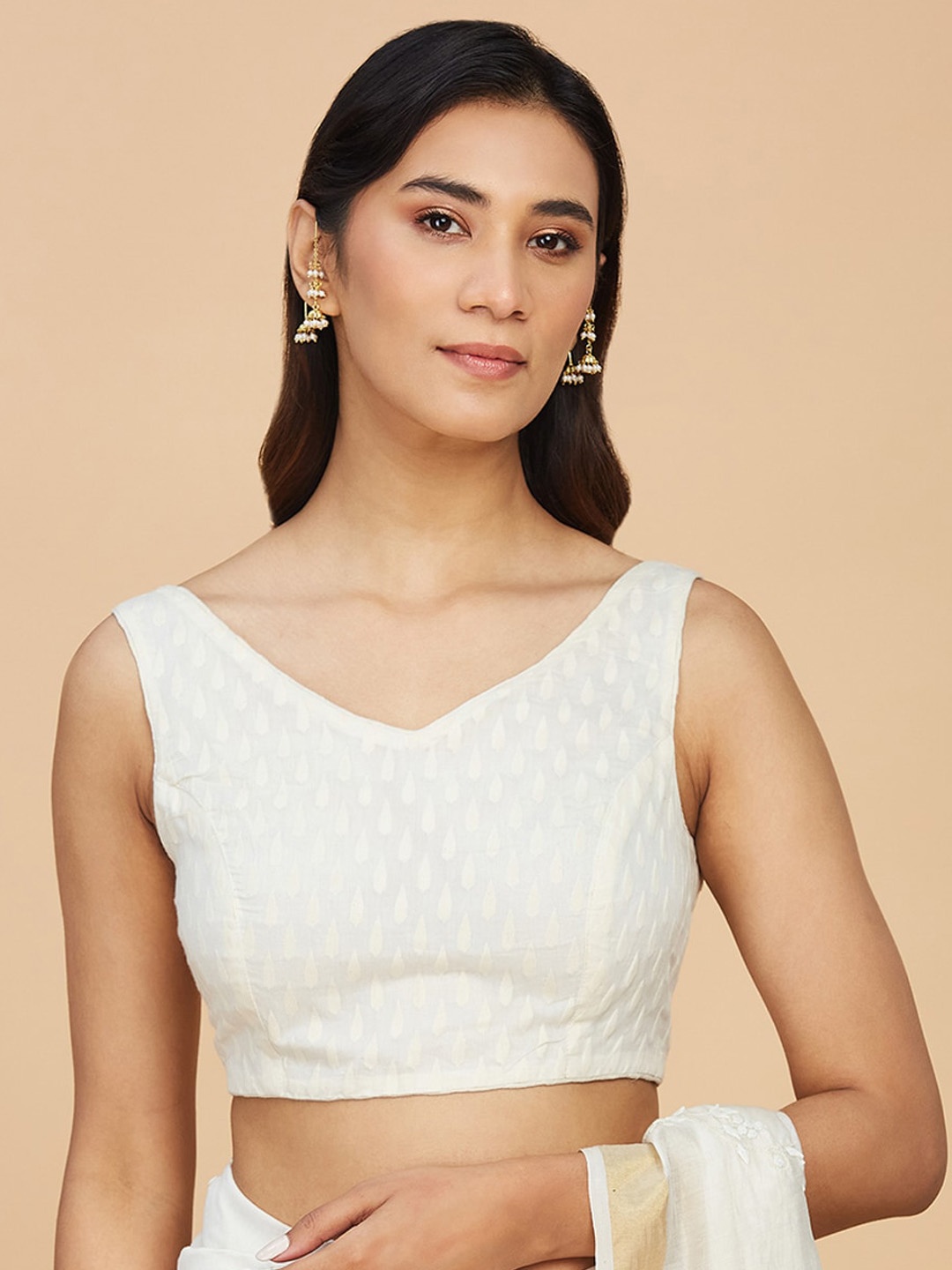 

Fabindia Woven Design Sleeveless Cotton Silk Saree Blouse, Off white