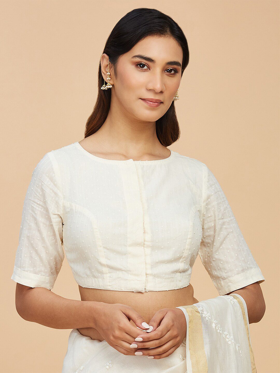 

Fabindia Woven Design Round Neck Cotton Saree Blouse, Off white