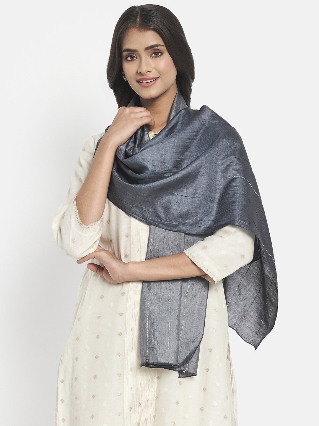 

Fabindia Women Thread Work Silk Stole With Tassels, Black