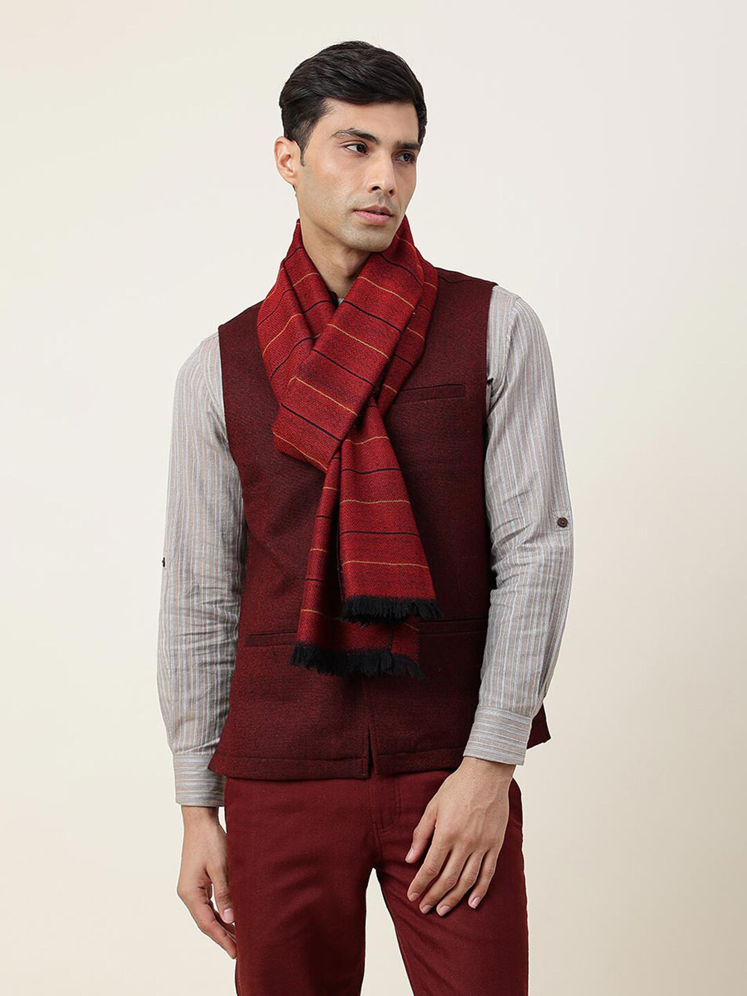 

Fabindia Men Woven Design Wool Stole, Red