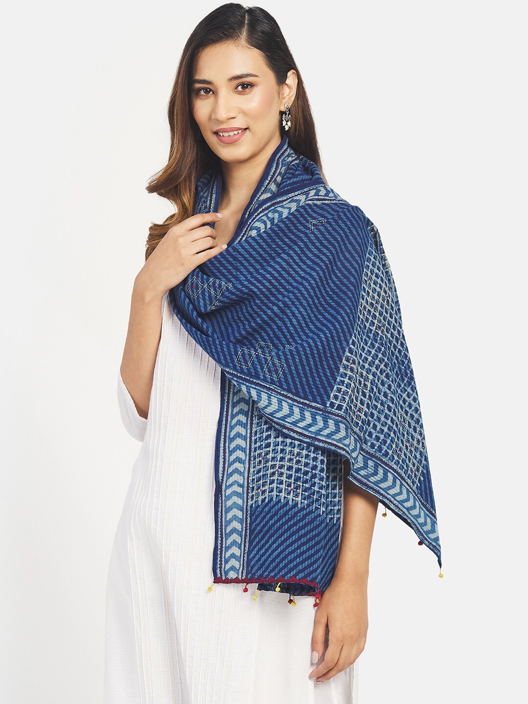 

Fabindia Women Hand Block Printed With Thread Work Cotton Stole, Blue