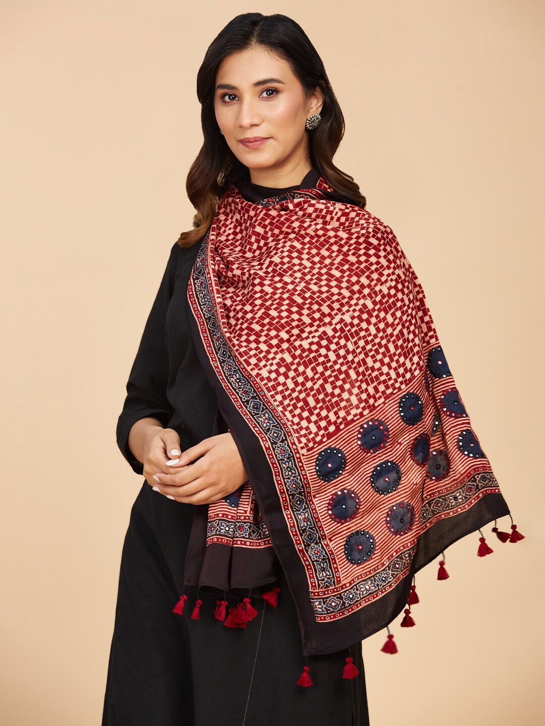 

Fabindia Women Ethnic Motif Printed Modal Stole, Maroon