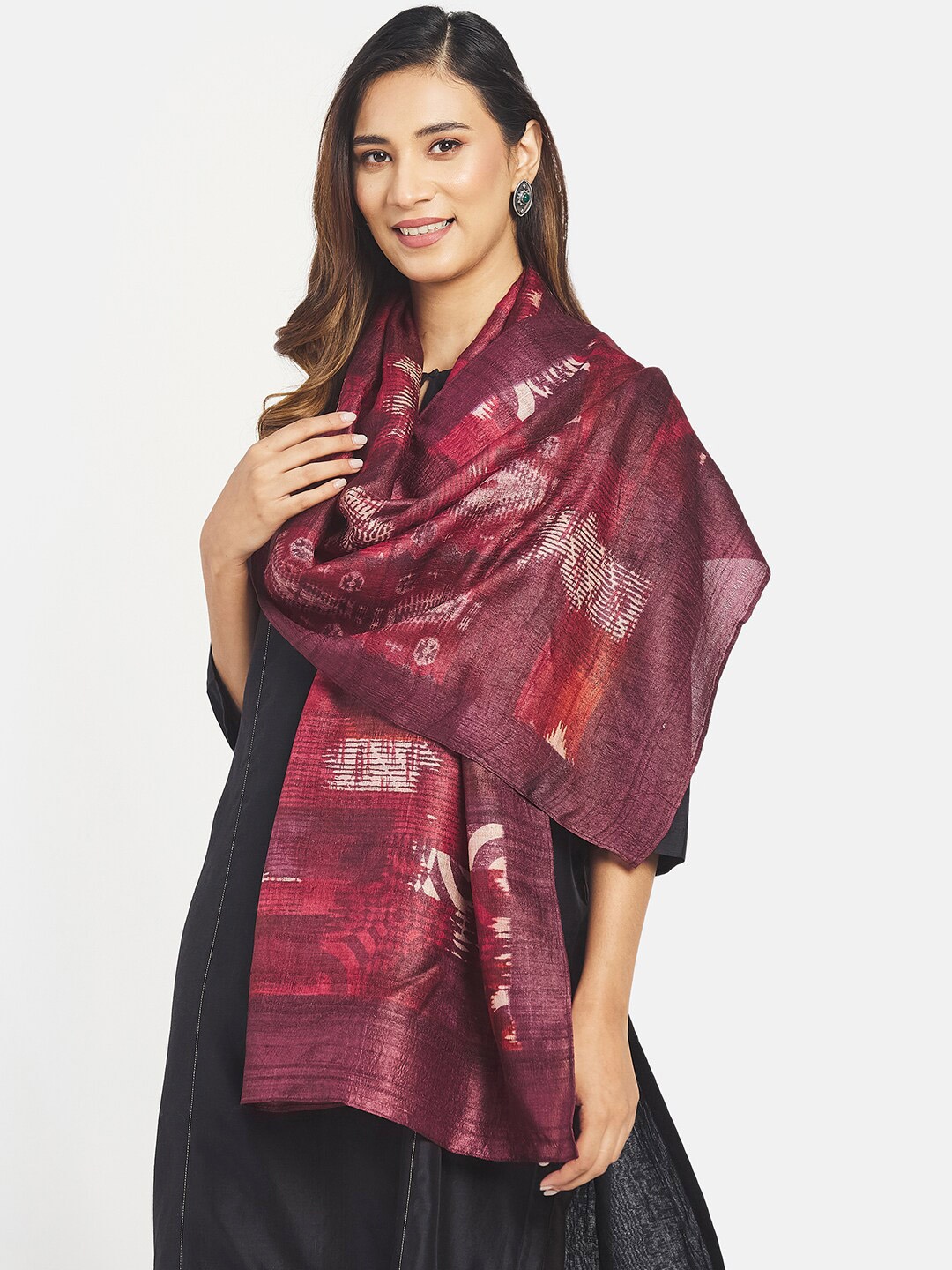 

Fabindia Women Printed Silk Stole, Maroon