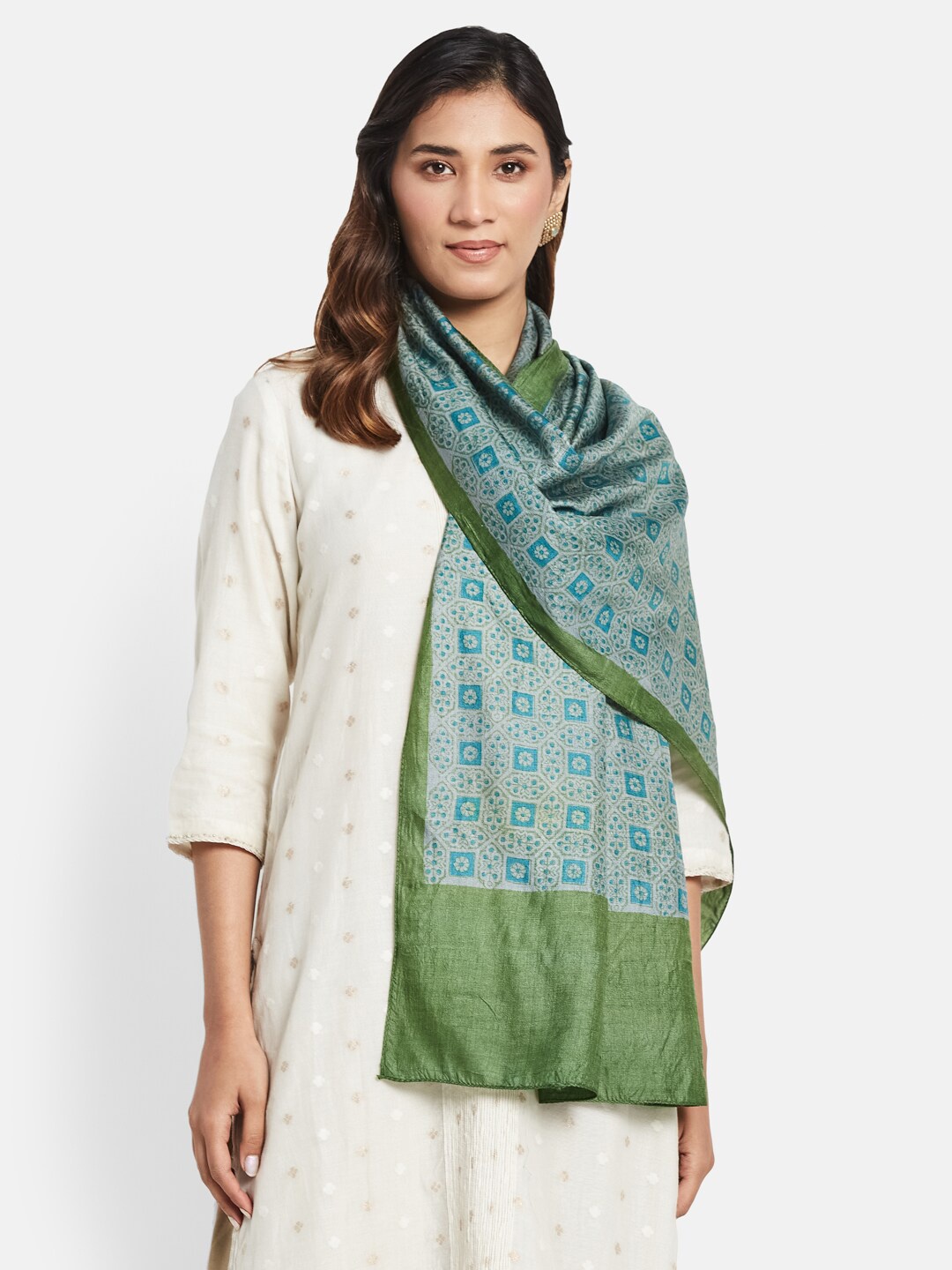 

Fabindia Women Ethnic Motif Printed Silk Stole, Teal