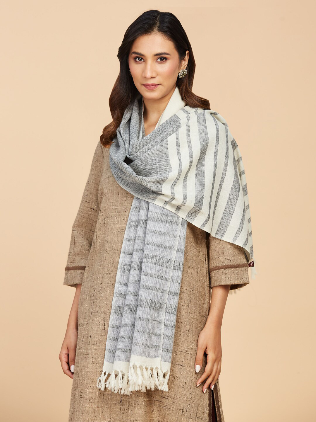 

Fabindia Women Woven Design Striped Woollen Stole, White