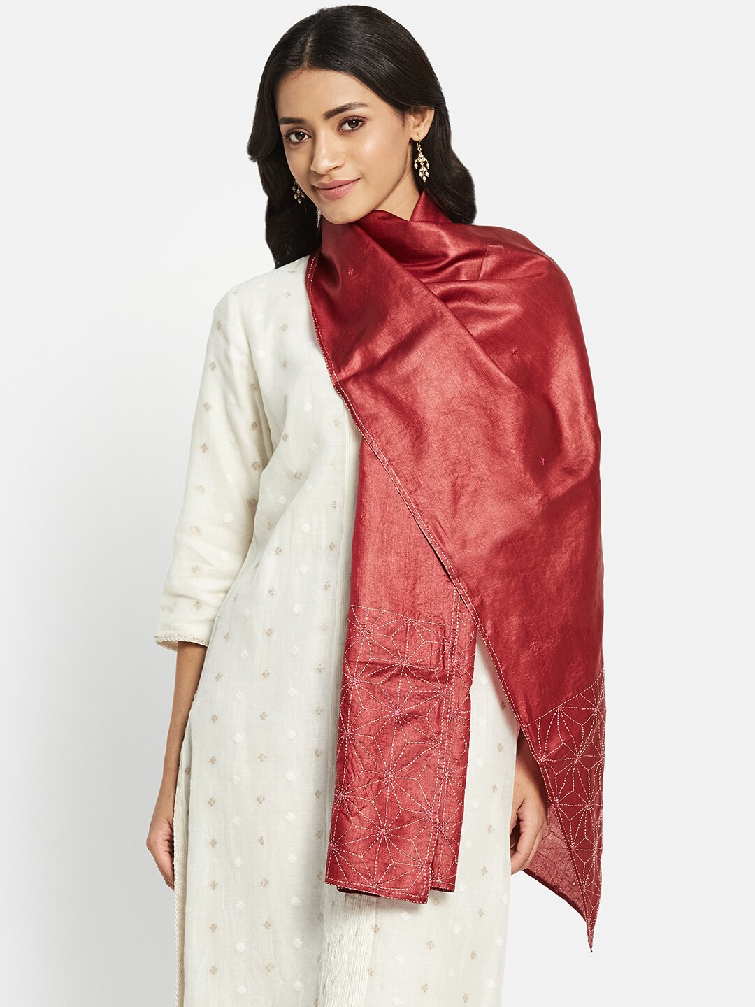 

Fabindia Women Embroidered Silk Stole, Red