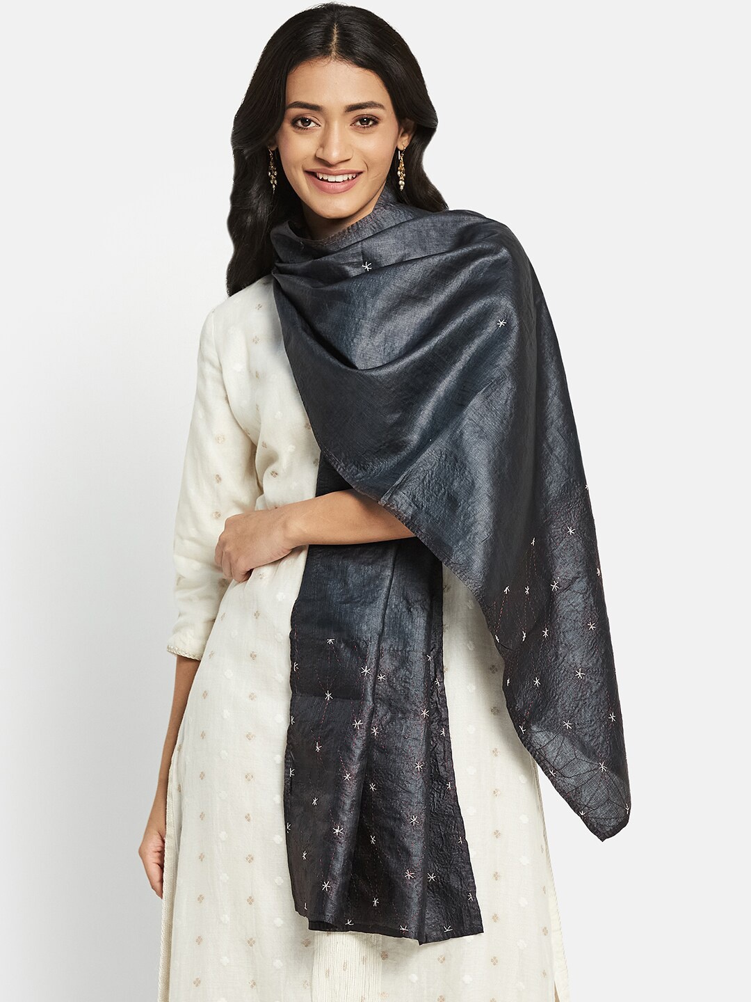 

Fabindia Women Embroidered Silk Stole, Black