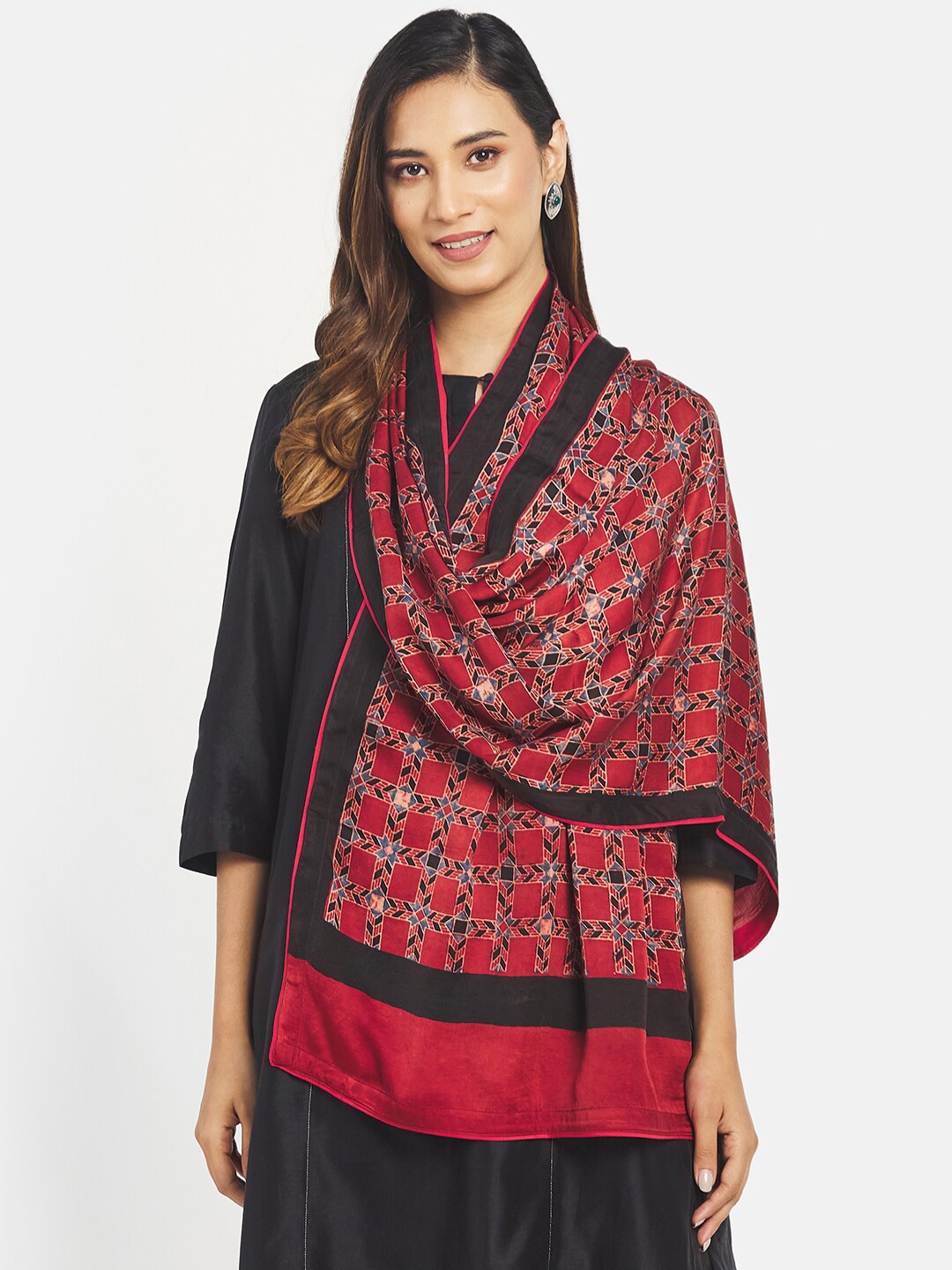 

Fabindia Women Ethnic Motif Printed Stole, Maroon