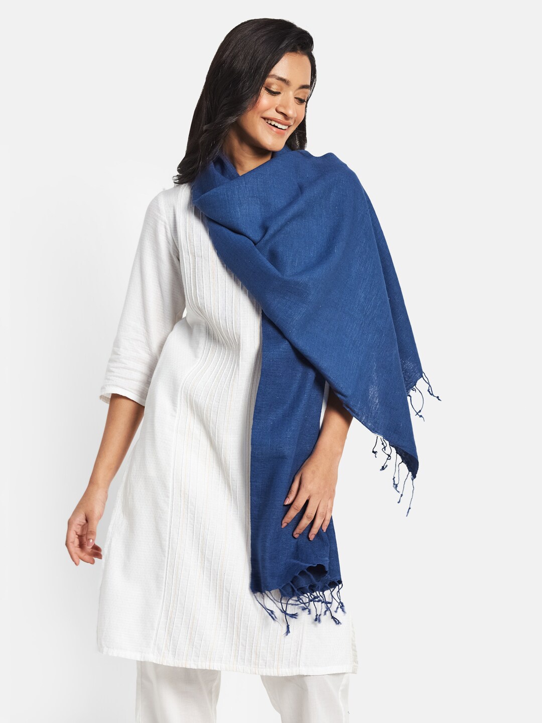 

Fabindia Women Cotton Silk Stole With Tassels, Blue