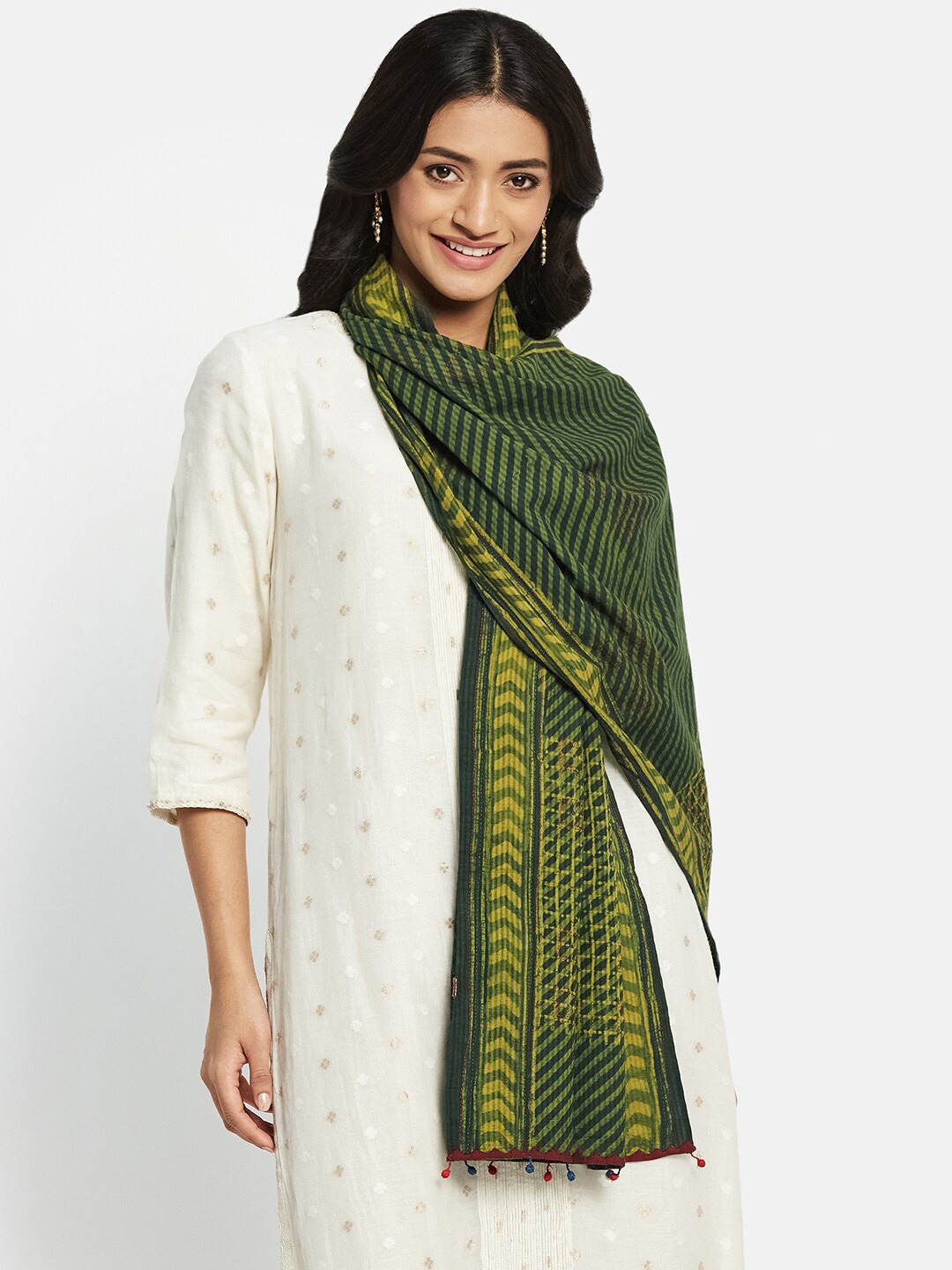 

Fabindia Women Block Printed Cotton With Thread Work Stole, Green