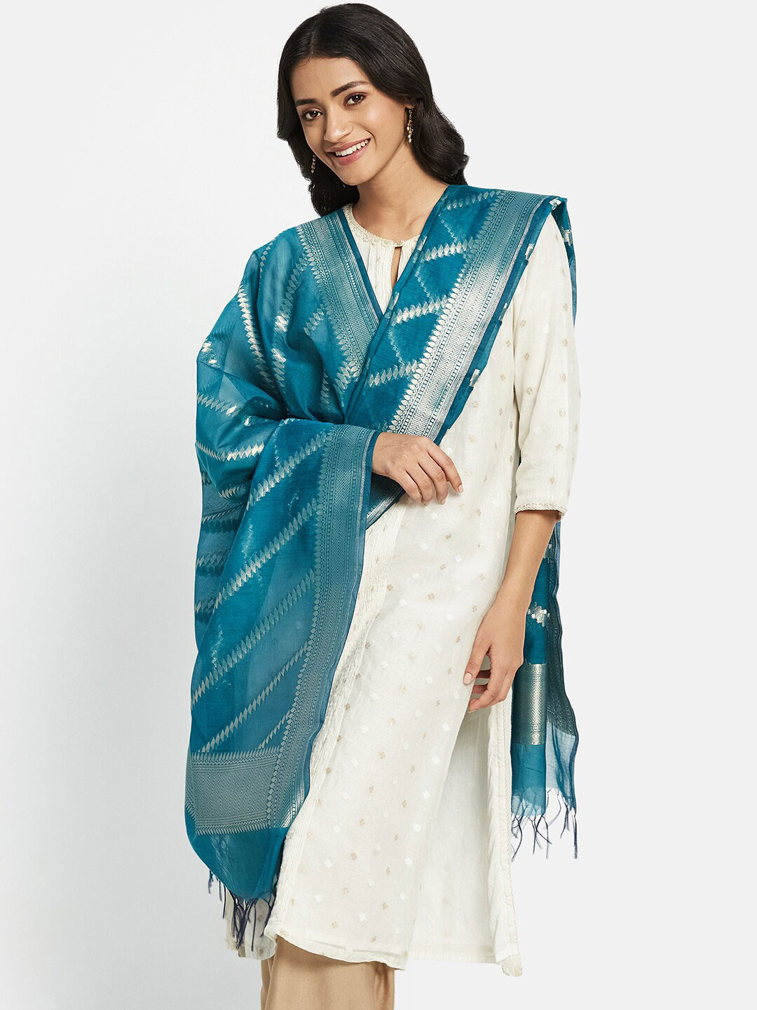 

Fabindia Geometric Woven Design Cotton Silk Dupatta With Zari, Teal