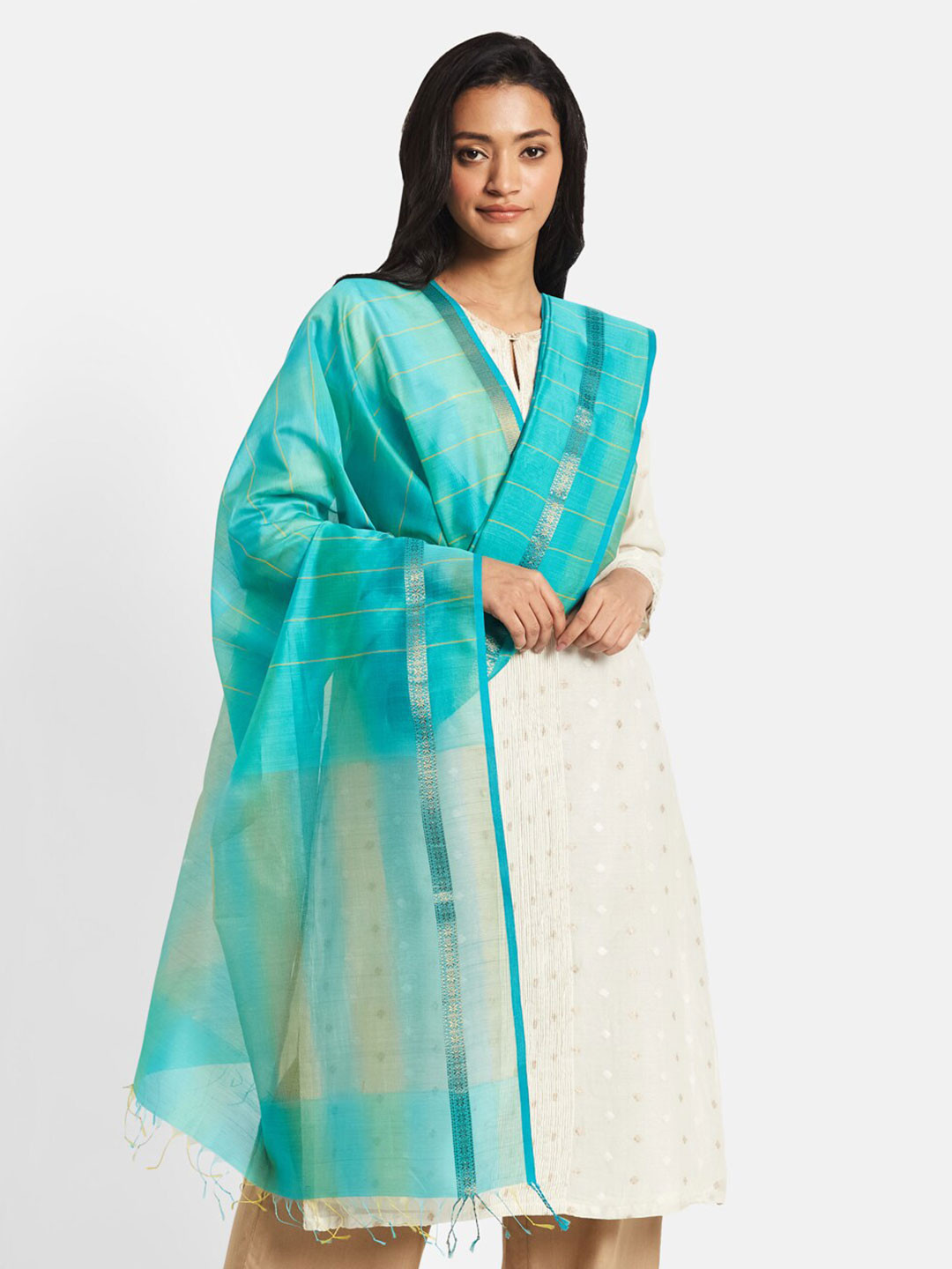 

Fabindia FabBasic Woven Design Zari Cotton Silk Maheshwari Dupatta, Blue