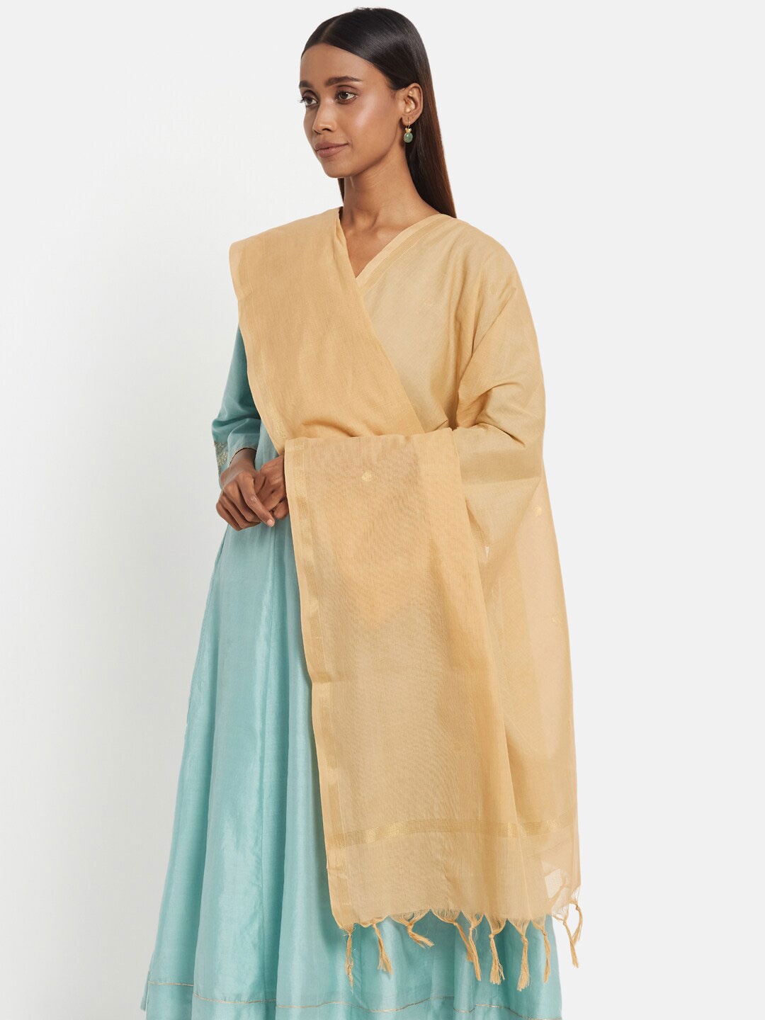 

Fabindia Cotton Zari Tasselled Border Dupatta, Beige