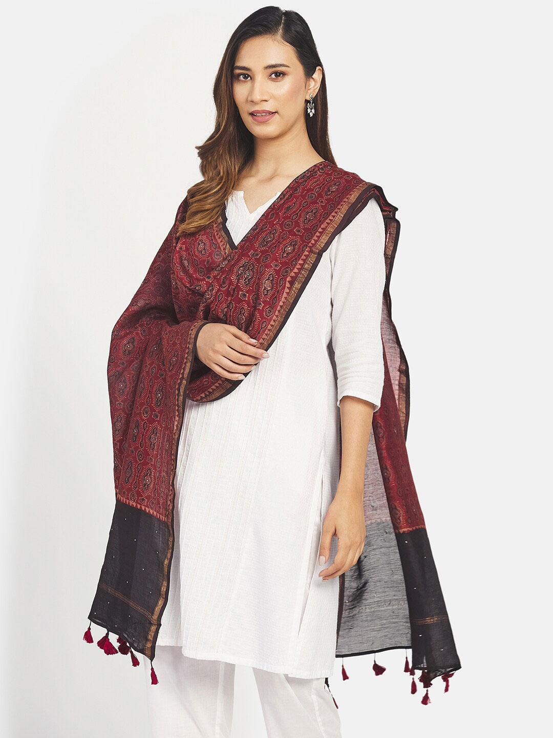 

Fabindia Printed Cotton Silk Dupatta, Red