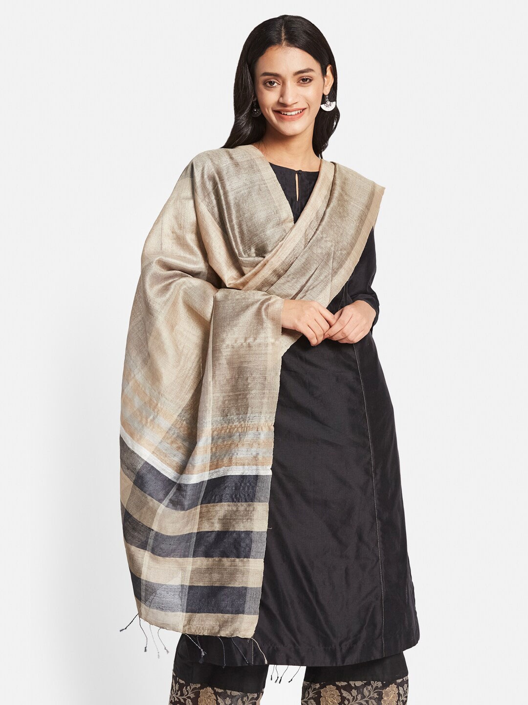 

Fabindia Striped Woven Design Silk Dupatta, Cream