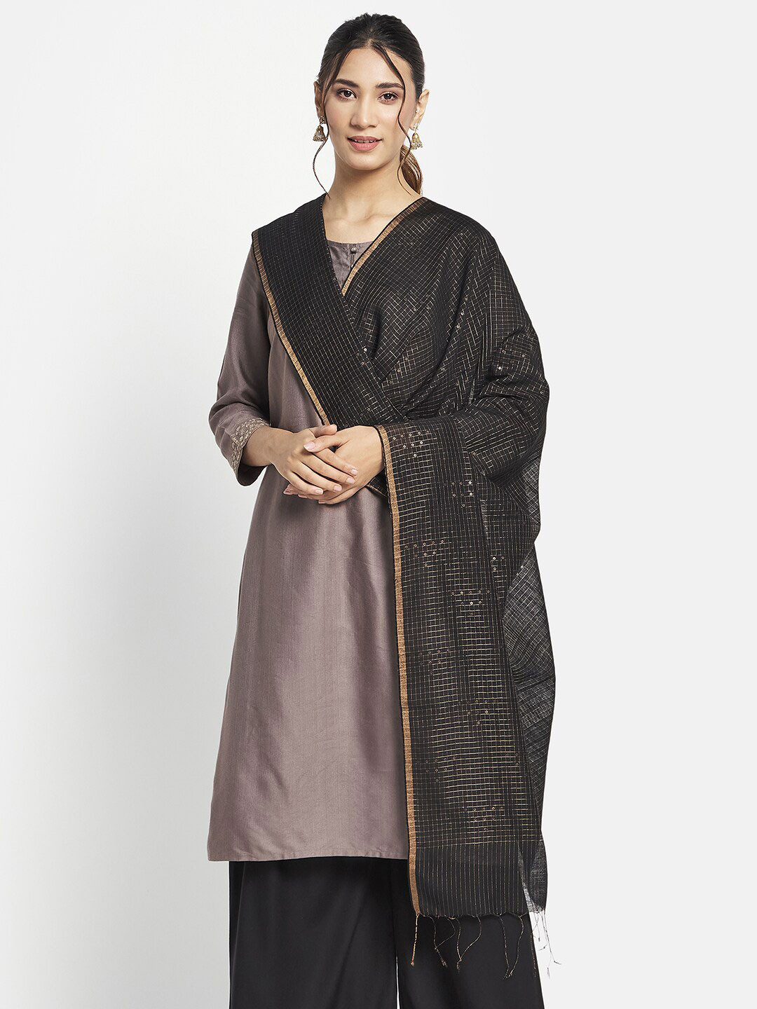 

Fabindia Checked Sequinned Cotton Silk Dupatta, Black