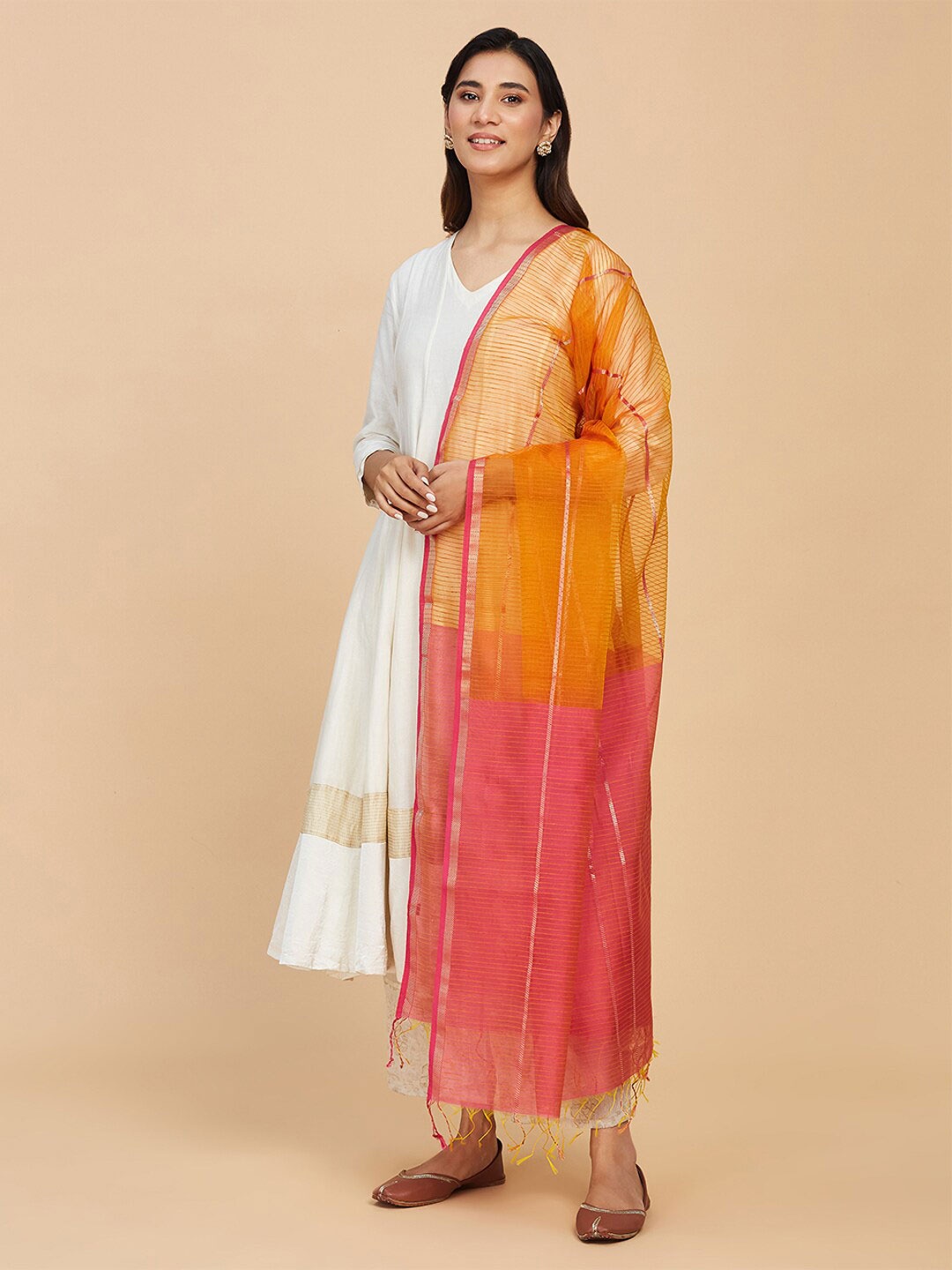 

Fabindia Woven Design Striped Cotton Silk Dupatta, Pink