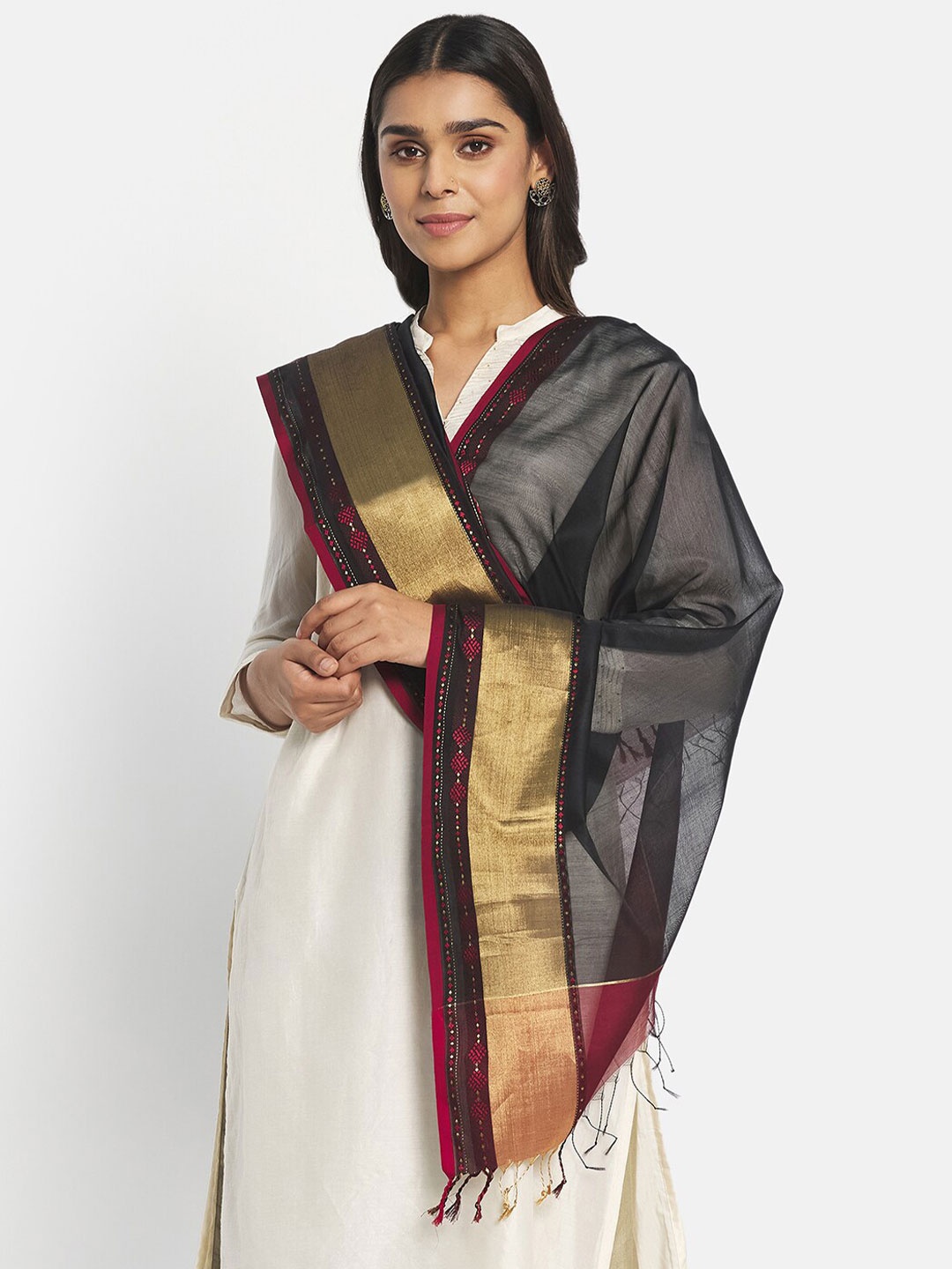 

Fabindia Cotton Silk Dupatta with Zari, Black