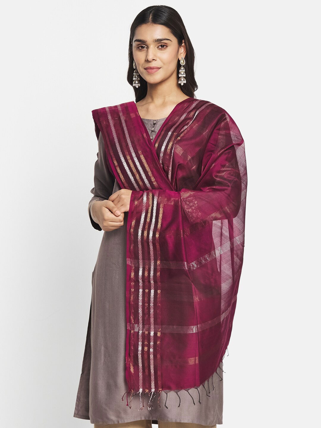 

Fabindia Woven Design Striped Cotton Silk Dupatta, Burgundy