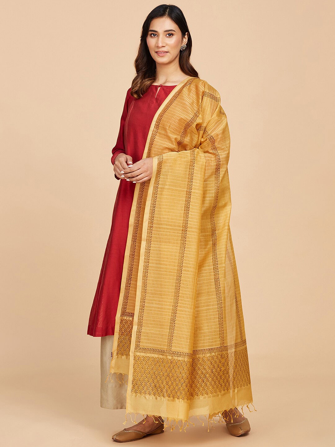 

Fabindia Paisley Printed Cotton Silk Dupatta, Mustard