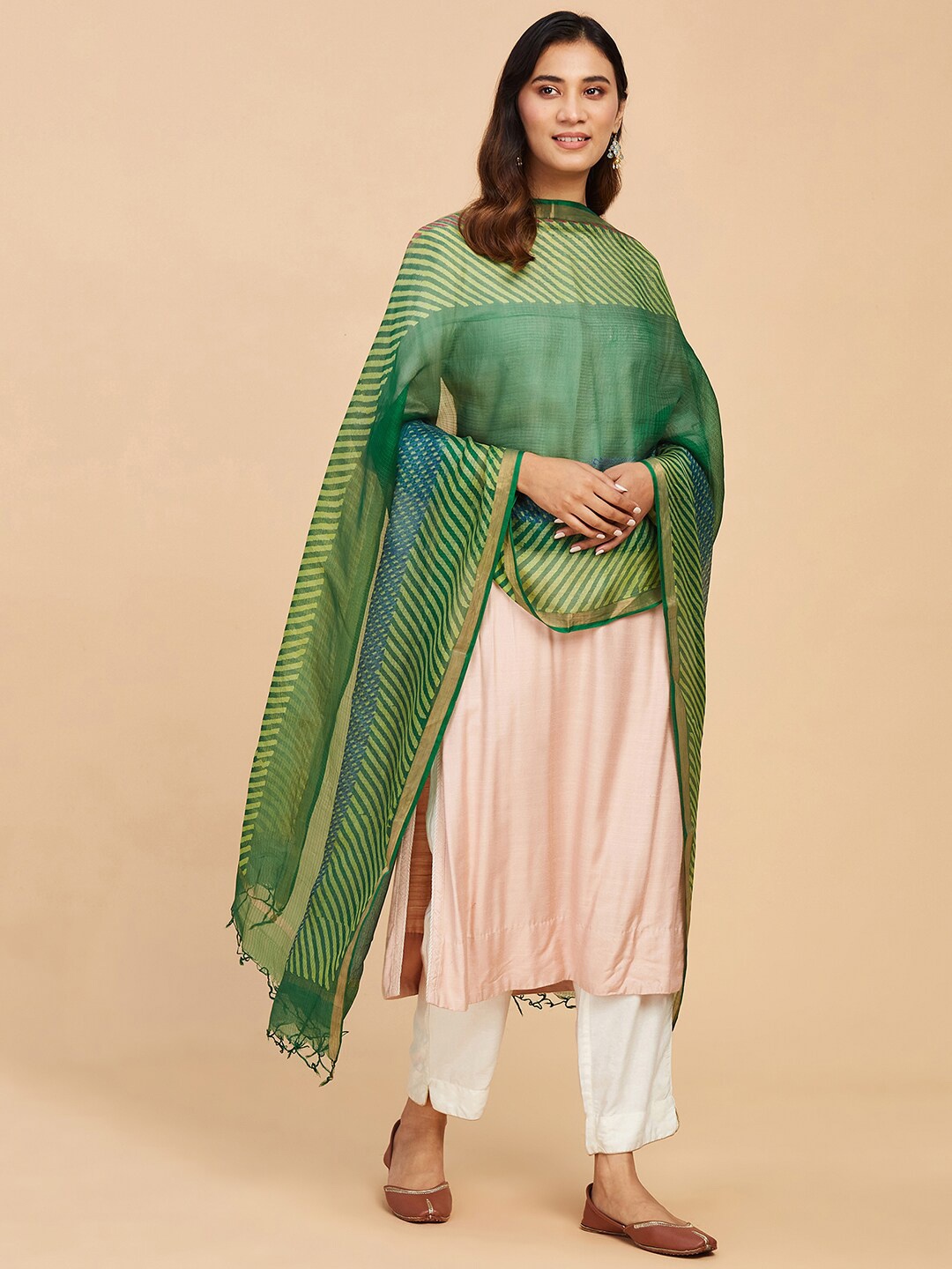 

Fabindia Striped Silk Dupatta, Green
