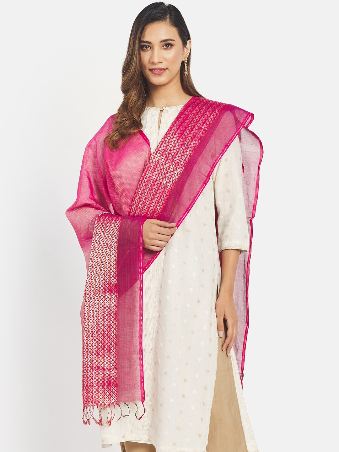 

Fabindia Striped Cotton Silk Dupatta, Magenta