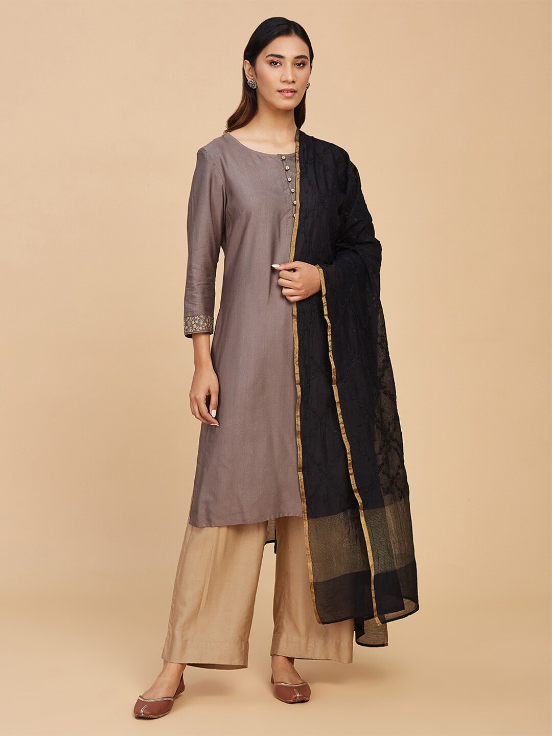 

Fabindia Embroidered Cotton Silk Dupatta, Black