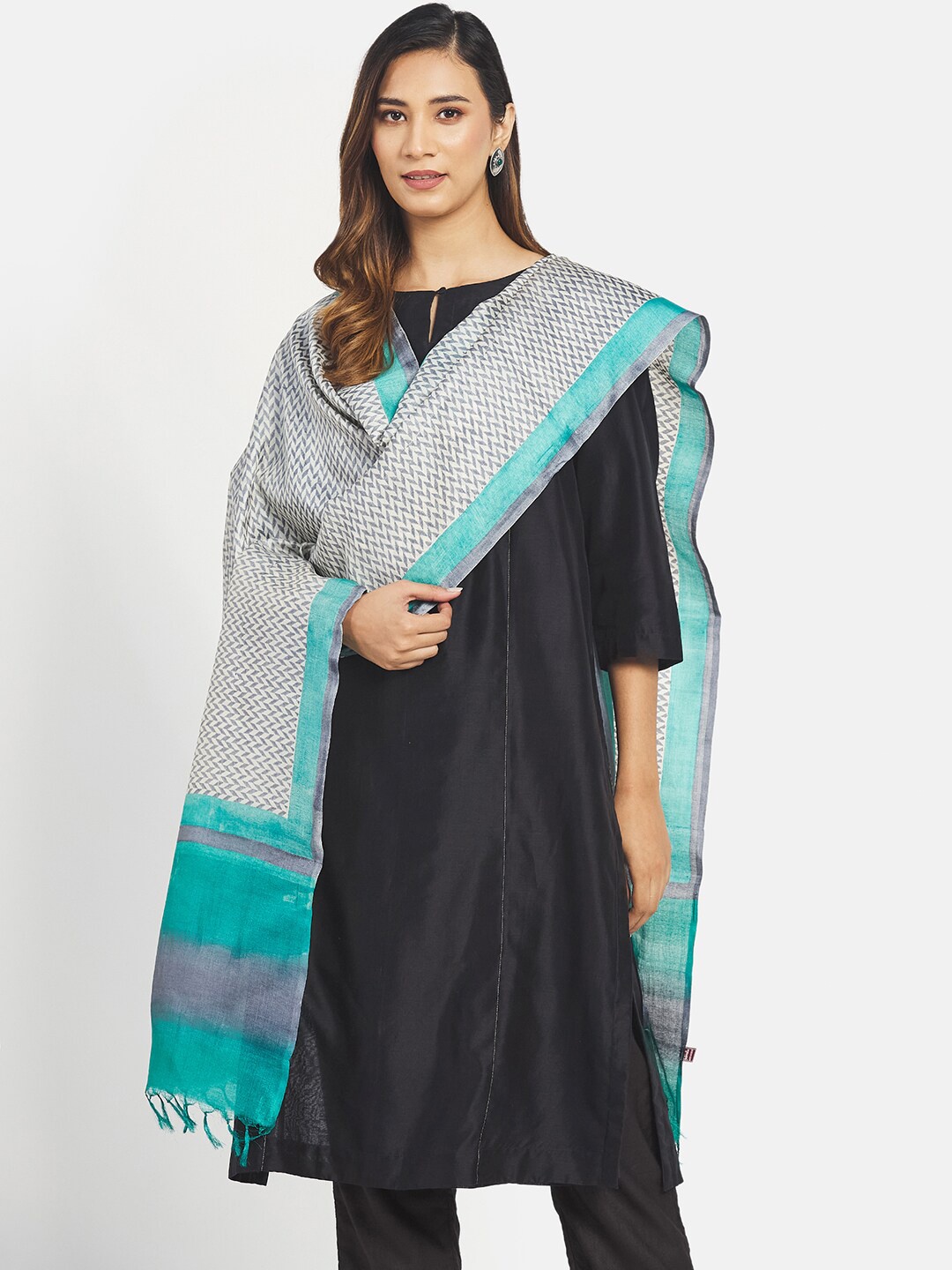 

Fabindia Grey & Teal Ethnic Motifs Printed Dupatta