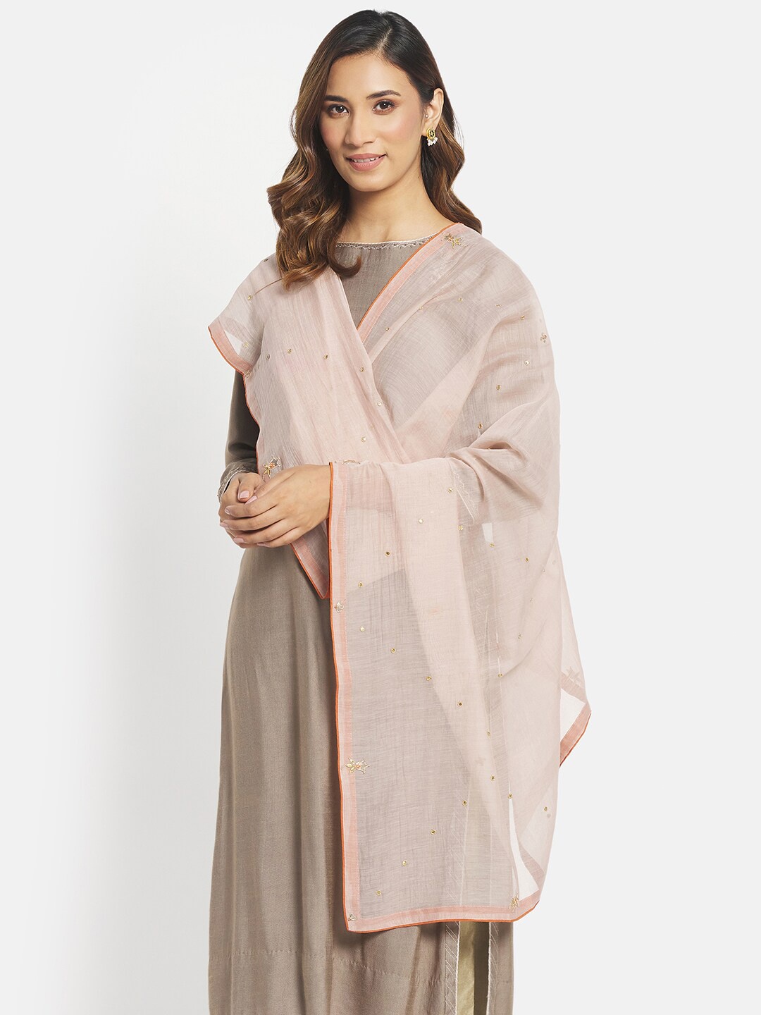 

Fabindia Pink & Rust Embroidered Cotton Silk Dupatta