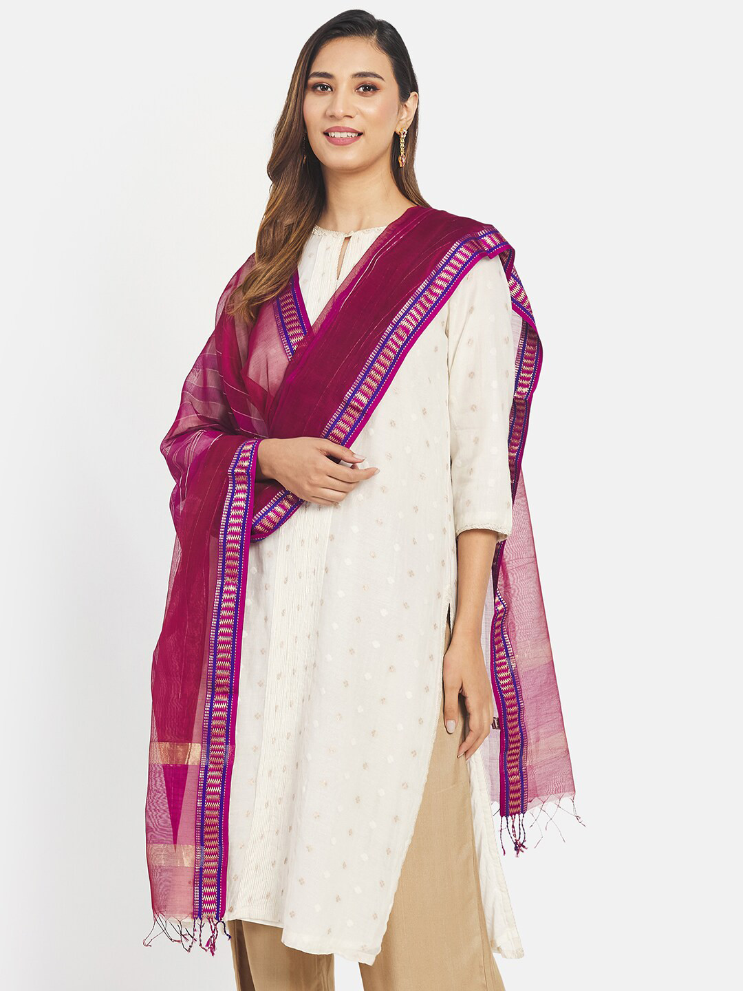 

Fabindia Striped Cotton Silk Dupatta with Zari, Burgundy