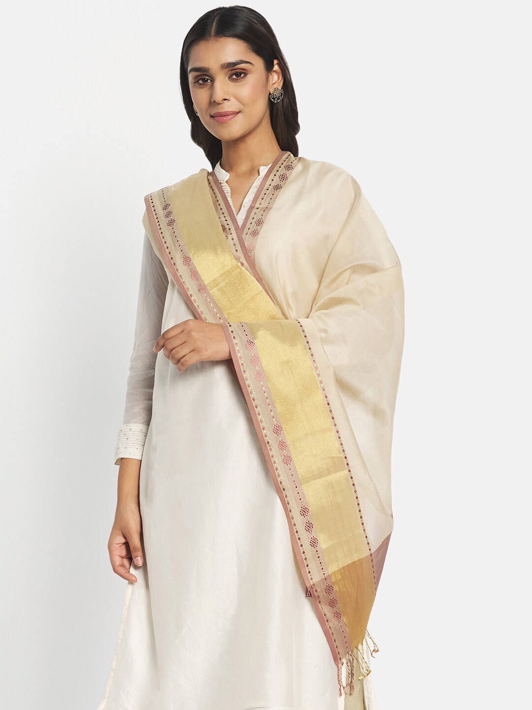 

Fabindia Solid Cotton Silk Dupatta, Beige