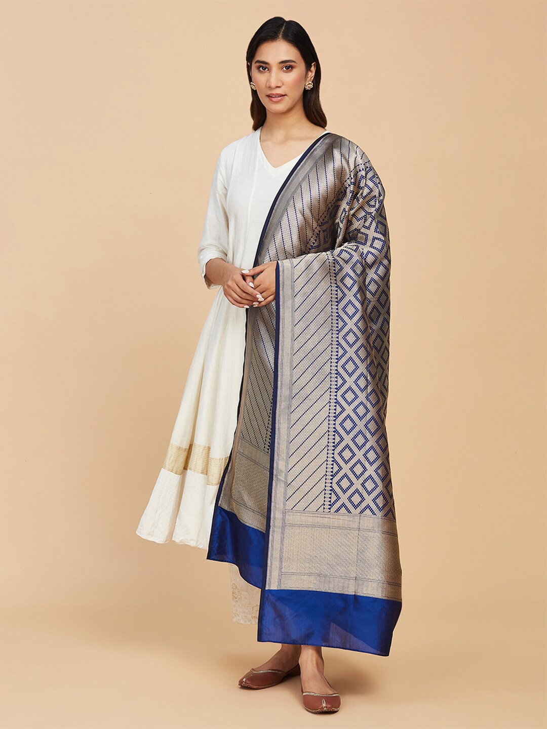 

Fabindia Woven Design Silk Dupatta with Zari, Blue
