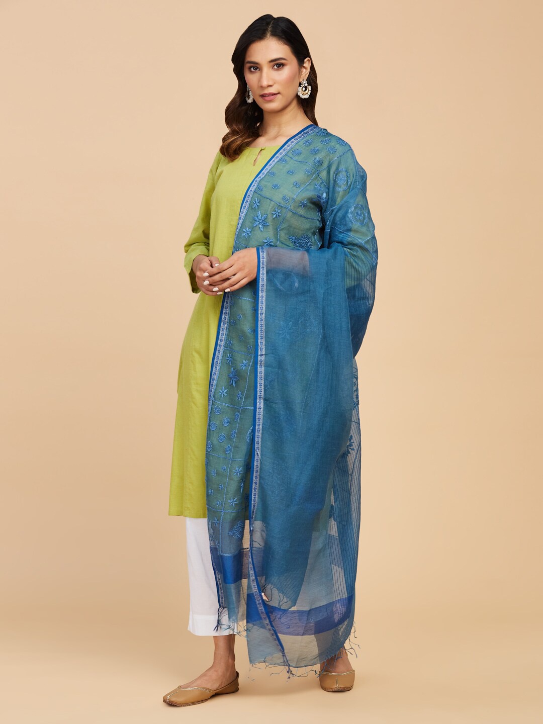 

Fabindia Embroidered Cotton Silk Dupatta, Blue