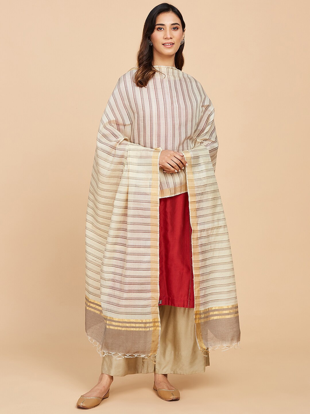 

Fabindia Striped Silk Dupatta, Off white