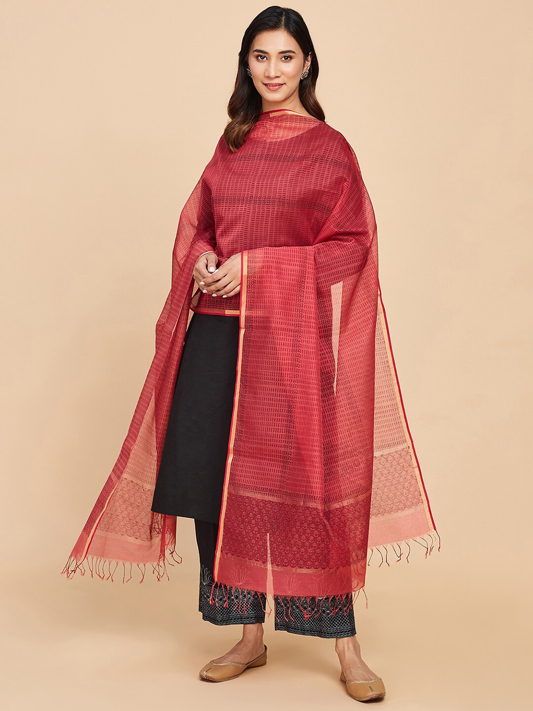 

Fabindia Striped Cotton Silk Dupatta With Tasselled Border, Pink