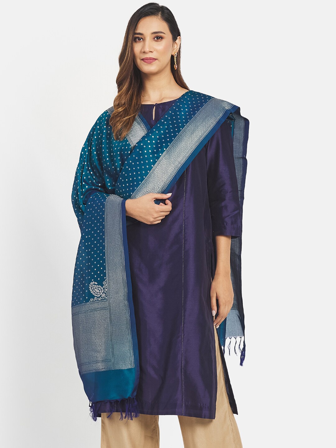 

Fabindia Ethnic Motifs Woven Design Dupatta with Zari, Teal