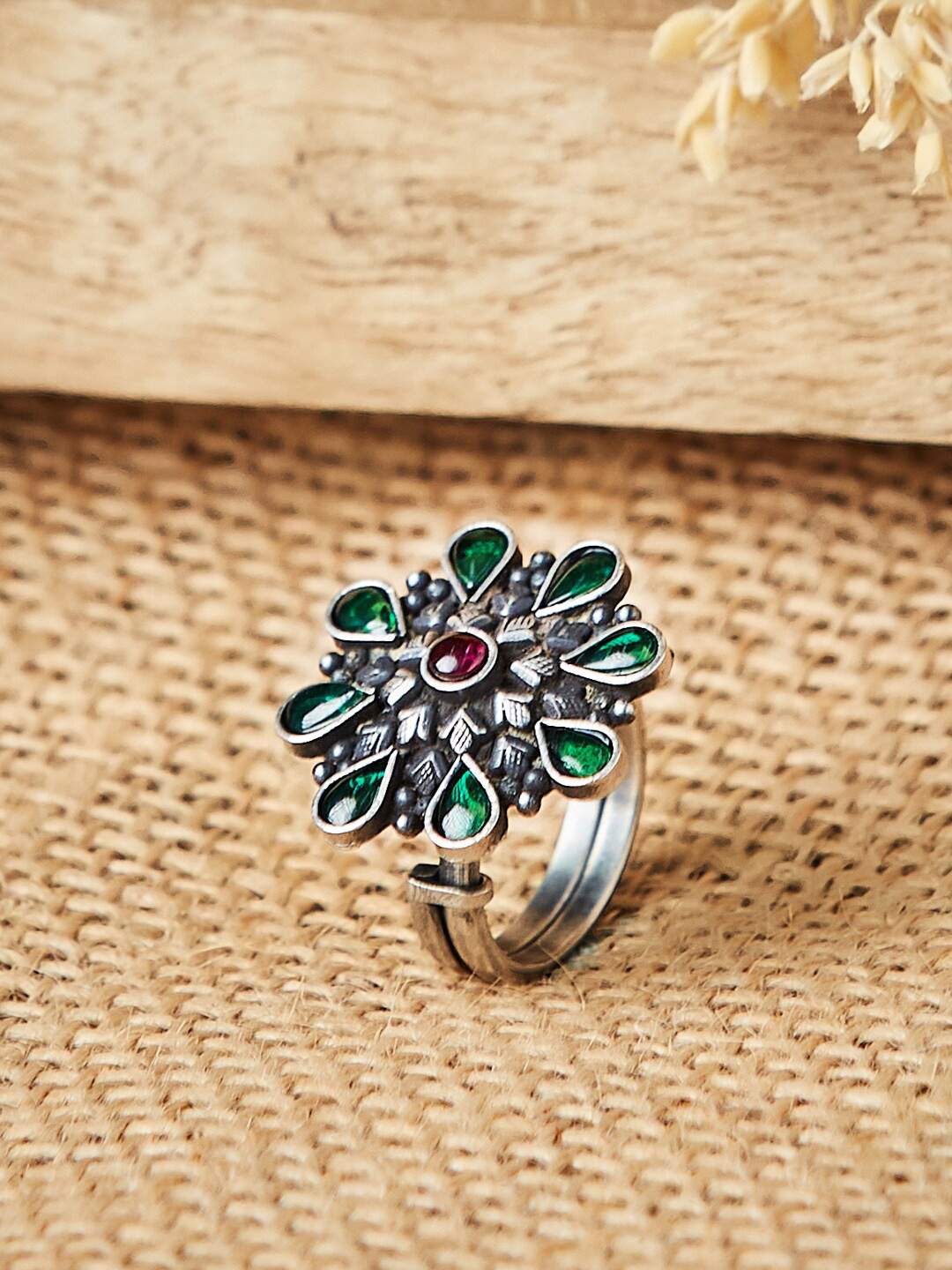 

Fabindia Silver-Plated Kundan-Studded Adjustable Finger Ring, Red