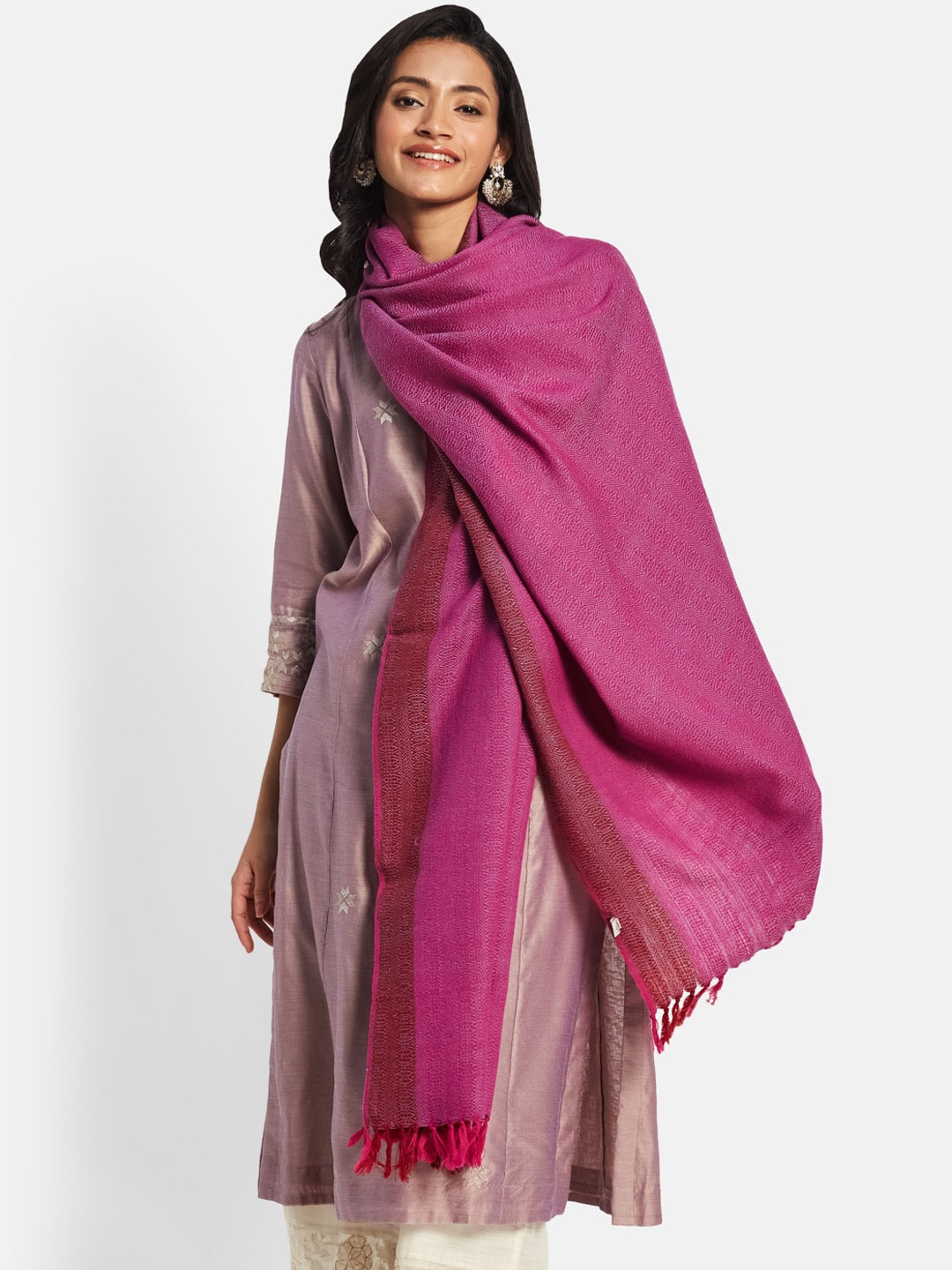 

Fabindia Women Woven Design Woolen Shawl With Tassels, Magenta