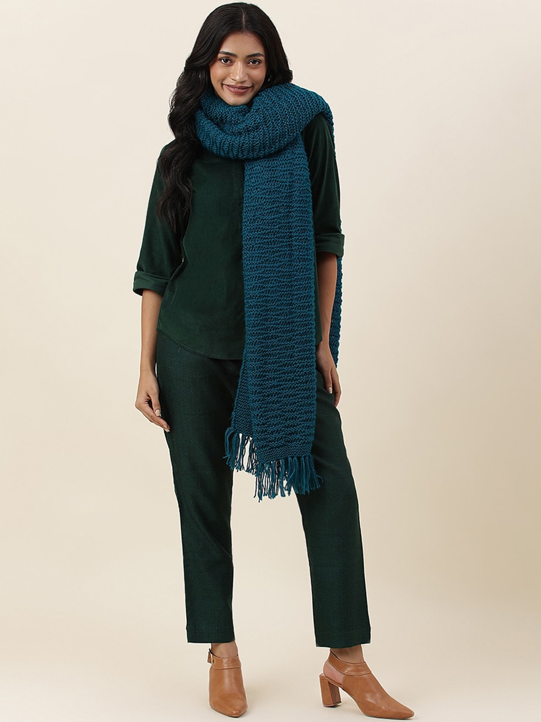 

Fabindia Women Woven Design Acrylic Shawl With Tassels, Teal
