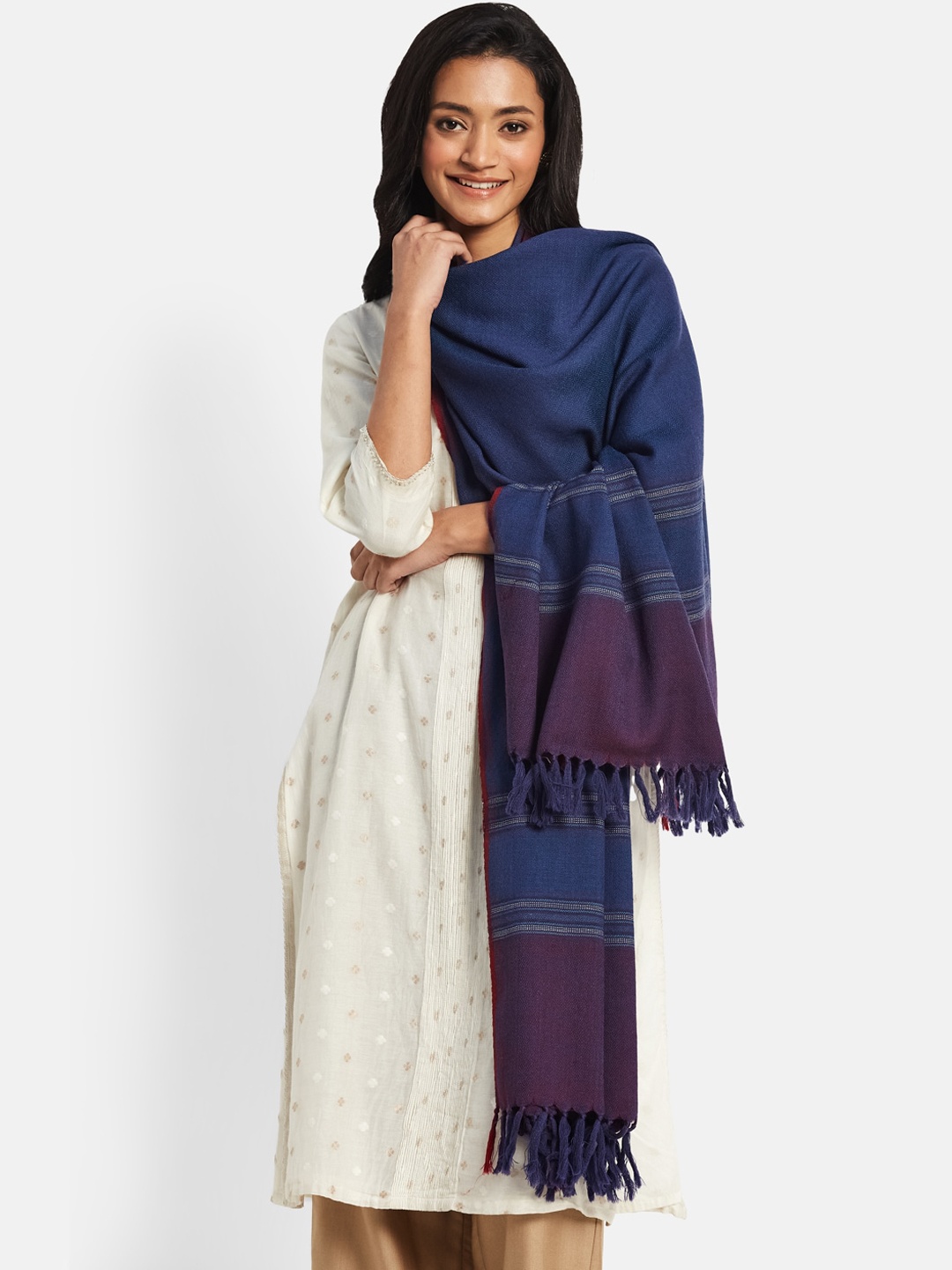 

Fabindia Women Woven Design Woolen Shawl With Tassels, Blue