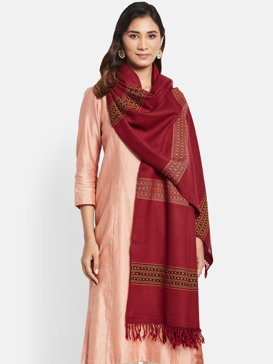 

Fabindia Women Woven Design Woolen Shawl With fringes, Maroon