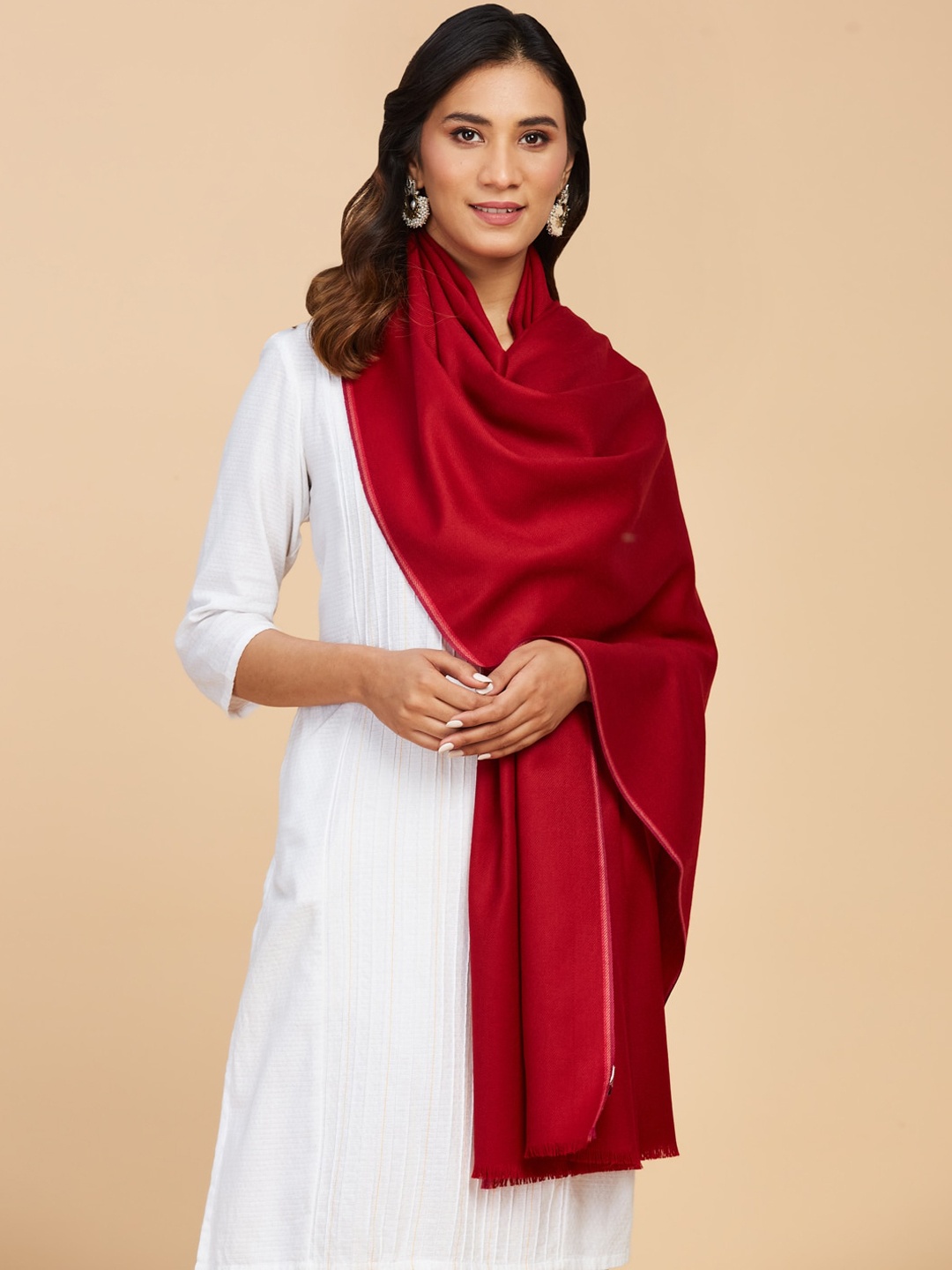

Fabindia Women Woven Design Woolen Shawl With Tassels, Red